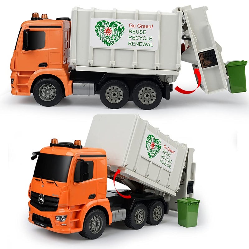 DOUBLE E Benz Licensed Remote Control Garbage Truck Electric Recycling Toy Set with Trash Bin Real Lights Rechargeable Waste Management Trash Truck Toys Gift for Kids - Image 4